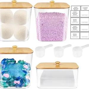 3+1 Pack Laundry Pods Container,Clear Laundry Room Organization Containers,Large Laundry Detergent Powder Storage Containers with Wooden Lids & Labels,Laundry Pods Holder for Scent Booster,Powder,Pods