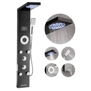 53-in Brushed Stainless Steel Wall-Mount Adjustable Shower Tower System, Rain Showerhead, LED Lighting, 6-Function Faucet, 5 Body Jets, Handheld Shower Combo, Tub Spout, Rain Massage Feature