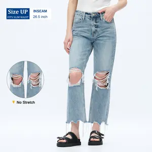 ONESO Women's Super High Rise Destroyed Straight Rigid Leg Jeans Non-Stretch Distressed Denim Pants Size Comfortable Fashion FitStyle Bottoms Womenswear Fitted Streetwear Fabric  Basic Minimalist  Gift