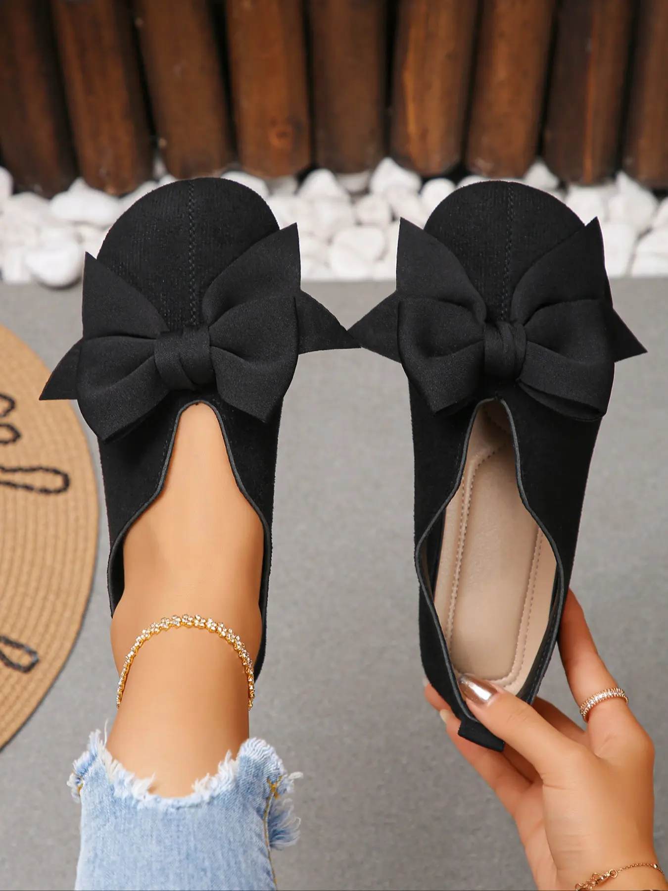 Women's Casual Comfortable Fashion Flat Shoes, Black Ballerina Flats Shoes, Round Toe Bow Decorated Shoes, Perfect for Dresses and Pants, Versatile for Various Occasions, Rubber