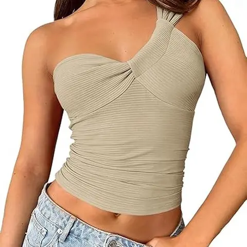 Yousify Women's 1-Shoulder Asymmetrical Neck Ribbed Knit Sleeveless Skinny Fit Tank Top - Minimalist Y2K Summer Top, High-Quality Breathable Fabric, Cold Wash, Do Not Bleach, for Casual Evening Outings