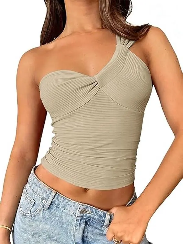 Yousify Womens One Shoulder Tank Tops Sleeveless Ribbed Knit Shirts Summer Y2K Fitted Tops for Casual Wear Black Ribbed Design High-Quality Fabric Soft Breathable Comfortable