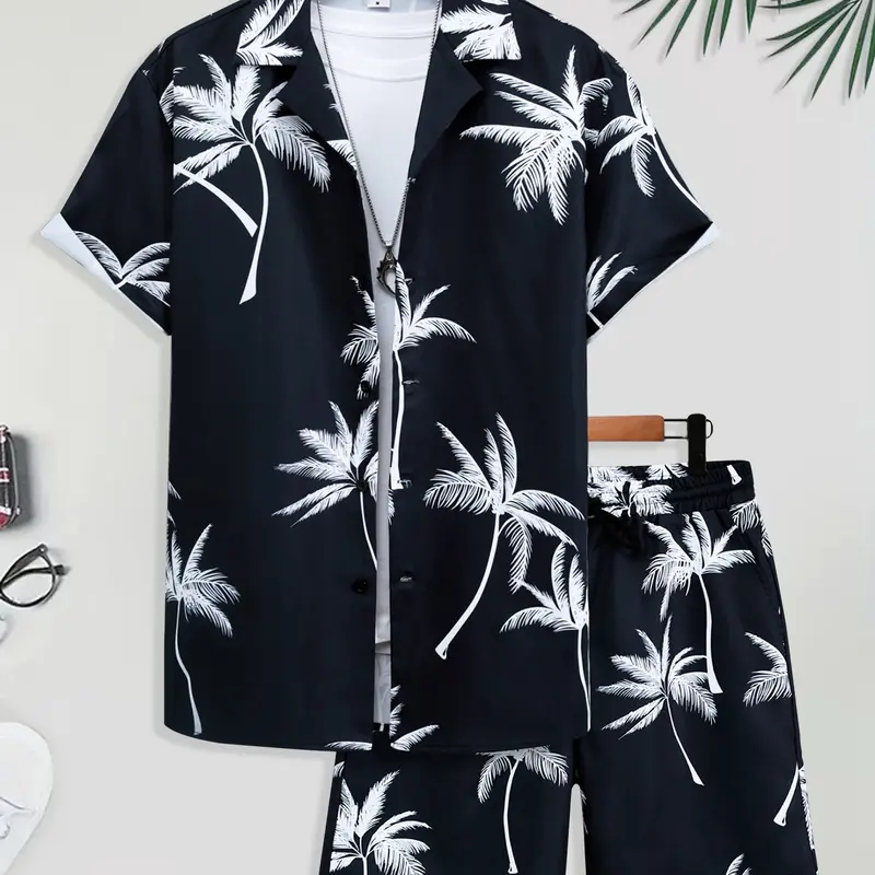 Men's Navy Coconut Tree Print Loungewear Two-Piece Set, Home Clothes Loungewear – Short-Sleeve Cuban Collar Shirt + Matching Drawstring Shorts Crafted from soft, breathable fabric, relaxed fit, designed for home, lazy weekends and casual evenings