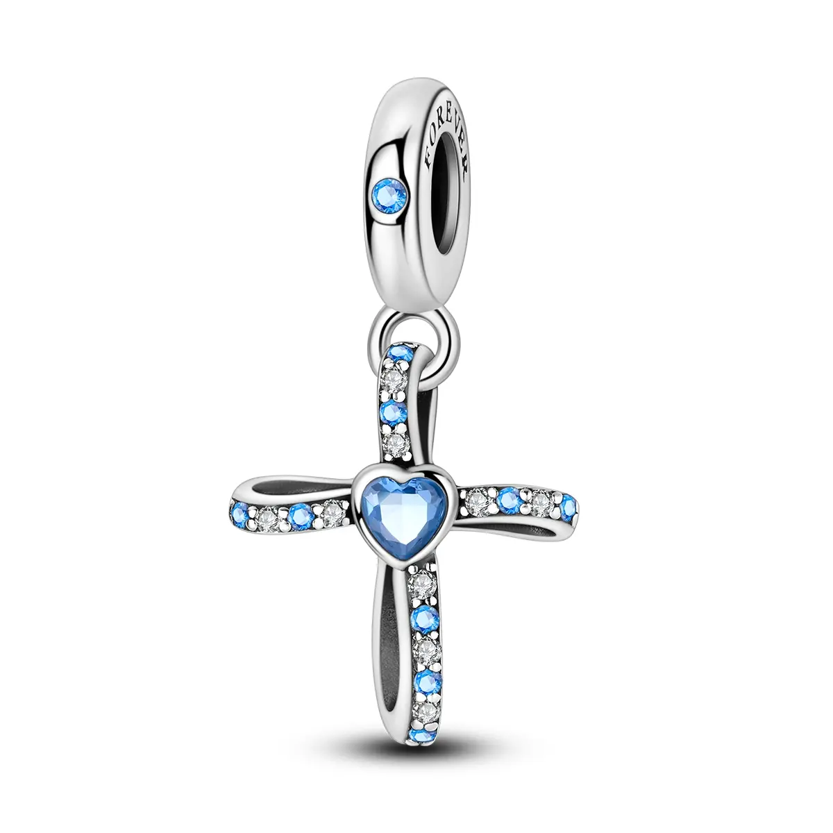 MULA 925 Silver-plated Cross Pendant | Ocean Blue Heart Shaped Zirconia | Elegant Religious Jewelry | Suitable for Pandora Bracelets and Necklaces | Meaningful Gift for Women and Girls