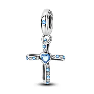 MULA 925 Silver-plated Cross Pendant | Ocean Blue Heart Shaped Zirconia | Elegant Religious Jewelry | Suitable for Pandora Bracelets and Necklaces | Meaningful Gift for Women and Girls