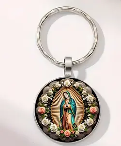 Retro Virgin De Guadalupe Flower Keychains - Circular Pendant Chain-Attached Classic Keychains, Round Double-Ring Resin Fashion Accessory with Unique Floral Design, Stainless Steel Accents for Bags, Car Keys Ideal For Bags