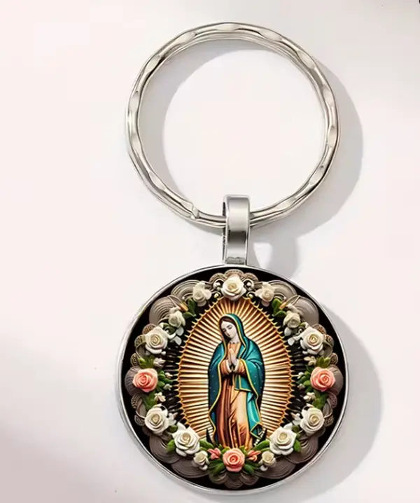 Retro Style Round Flower Virgin De Guadalupe Keychain - Circular Resin Pendant, Double Ring, Stainless Steel Accents, Classic Chain Fashion Accessory, Ideal for Car Keys, Bags, Ideal For Bags, Flowers, Durable For Daily Key Use, Vintage Key Flair