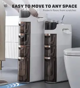 3-Tiers Slim Bathroom Storage Cabinet, Waterproof Narrow Floor Cabinet with Tissue Box and Wheels, Skinny Storage Organizer with Drawers for Small Spaces, Bathroom, Kitchen, Bedroom, 6.7″