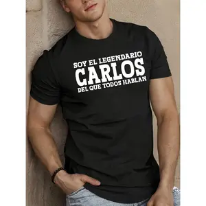 SOY EL LEGENDARIO CARLOS Men'S Graphic T-Shirt - Bold Spanish Slogan Print, White Retro Streetwear Tee, Regular Fit Round Neck, Machine Washable All-Season Casual Shirt with Iconic Carlos Design for Casual Attire & Statement Outfits