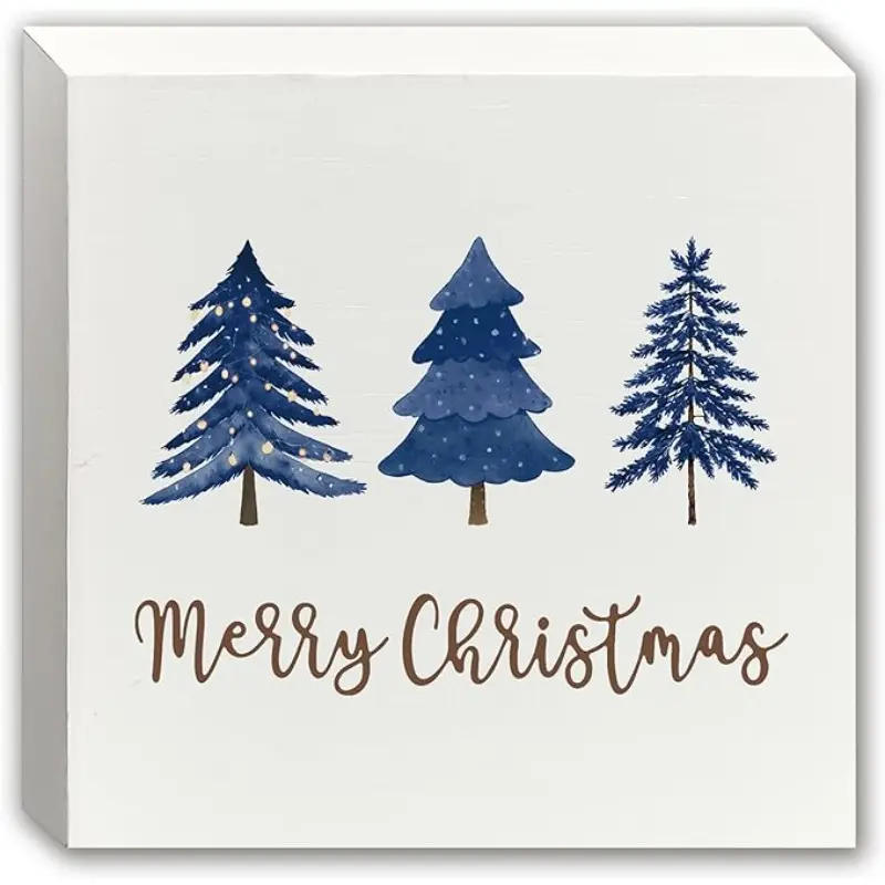Navy Blue Christmas Tree Wooden Box Sign, Blue Christmas Decorations, Farmhouse Xmas Pine Tree Winter Holiday Wood Block Sign for Home Office Desk Shelf Table Decor, 5x5 Inch