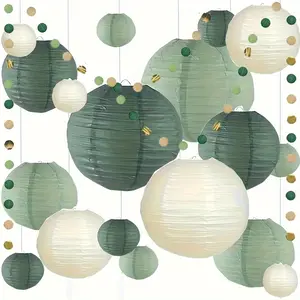 19PCS paper lantern party supplies set, round hanging paper lantern decoration for rural parties, bridal showers, weddings, gray green birthday party supplies