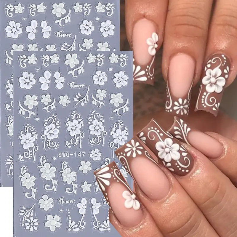 2 Sheets Embossed Flower Nail Art Stickers, Nail Art Design, Daisy Vine Adhesive Nail Decorations, Beautiful Manicure Accessories for Women