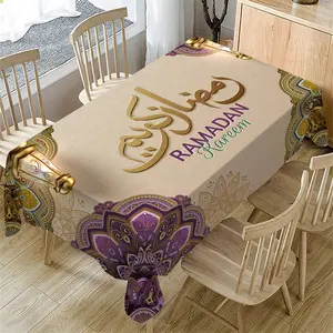 Elegant Ramadan Rectangle Tablecloth with Intricate Mandala Patterns & Lanterns, Arabic Calligraphy Design, Perfect for Home Kitchen Dining Tables