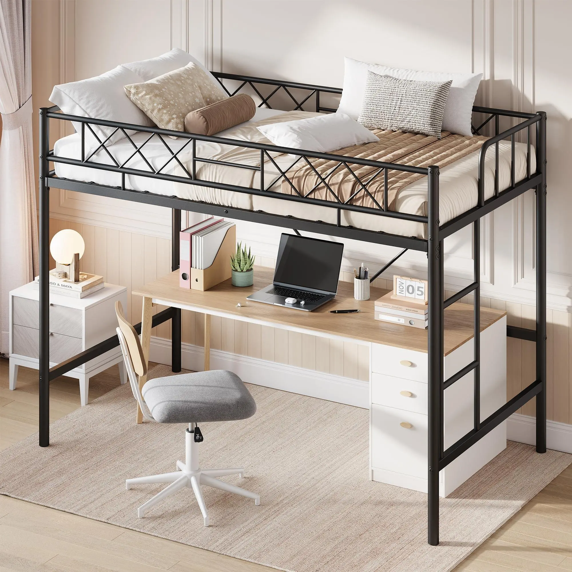 Gaomon Twin Size Loft Desk Bed with Arched Safety Rail, Safety Ladder, Heavy-Duty Metal Bed Frame, Sturdy Steel Slats, No Box Spring Needed, Space-Saving for Compact Rooms, Matte Black, Metal Bed Frames