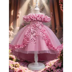 Girls' Halloween Princess Dress with Short Front and Long Back Mesh, Flower Embroidery & Pearl Decorations, 3D Floral Appliqué on Sleeves, Irregular Lace Hem for Wedding Ceremony or Performance