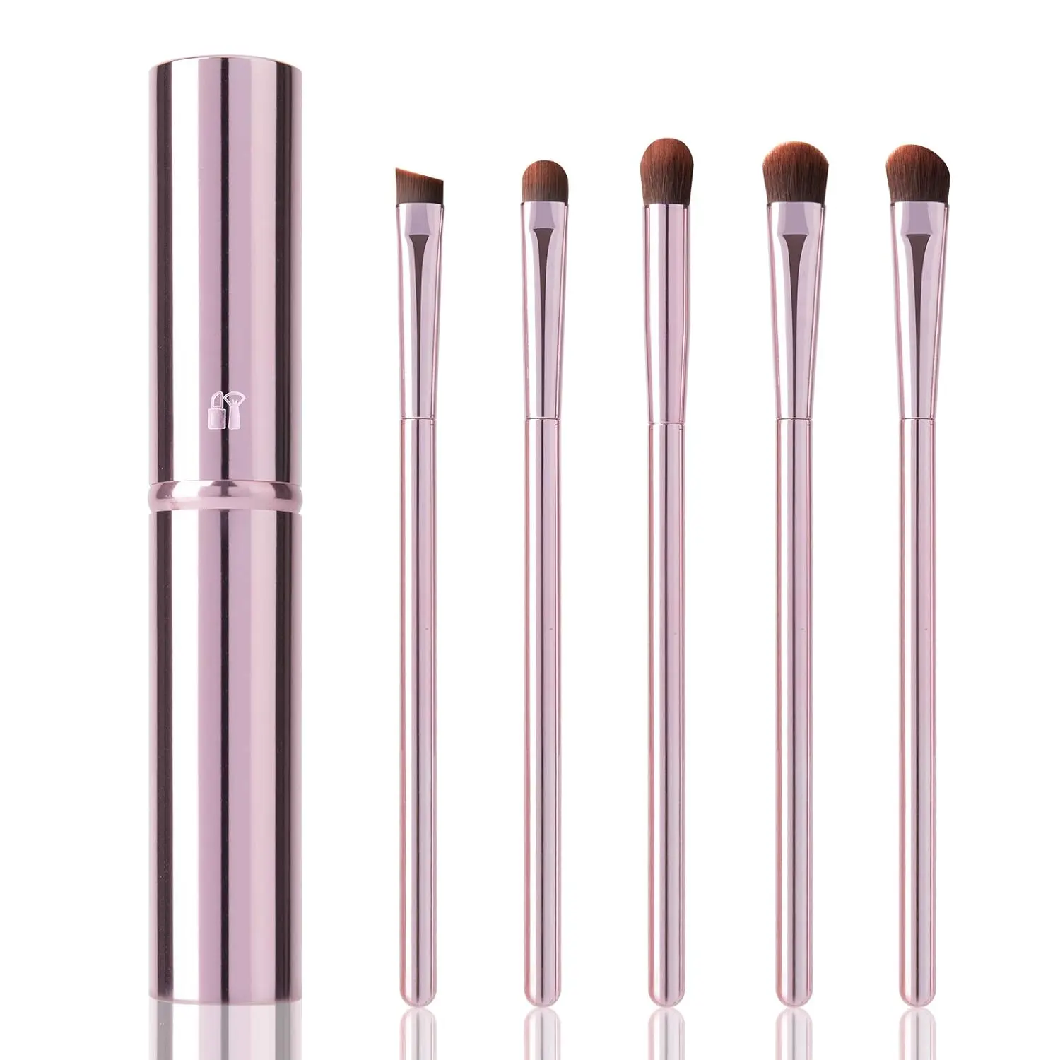 5Pcs Eye Makeup Brush Set, Portable Eyeshadow brushes with Pink Travel Case. Basic eyeliner, angle, concealer, slanted eyebrow brush, recommended by travel makeup artist for beginner