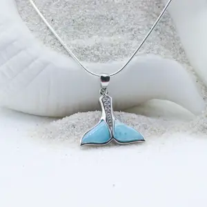 Natural Larimar Whale Tail Pendant Necklace