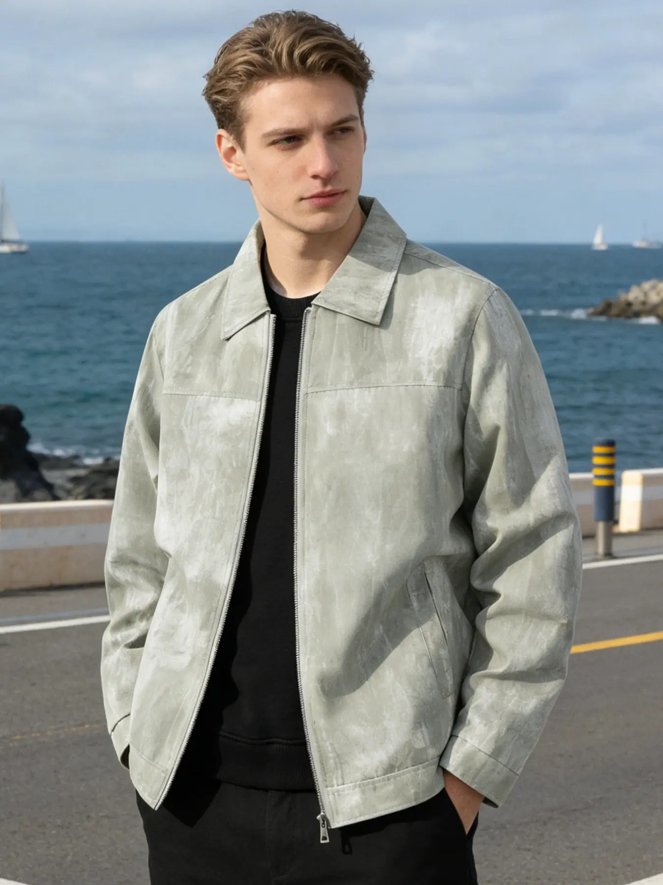 Men's casual Zippered jacket, zipper closure - lapel design, 100% polyester fiber, fashionable tie dye distressed fabric, men's versatile jacket, Coats, machine washable, suitable for daily leisure, work and travel wear - spring and autumn seasons