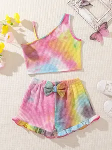 Tween Girls Fashion Off-Shoulder Halter Top and Bow Tie Dye Lace Comfortable Short Pants Two-Piece Set, Stylish and Comfy, Cute Clothing Set