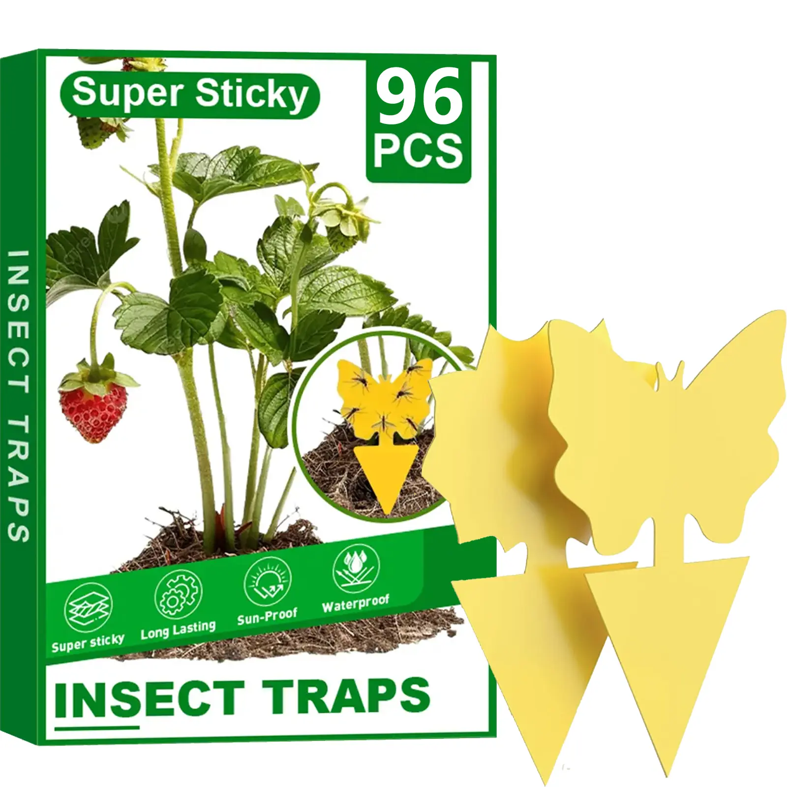 96 Packs Fruit Fly Sticky Traps Yellow Double Side sticky Trapz with Shovel for Gnat, Fruit Fly, White Flies, Aphid, Leaf Miner,  butterfly shape