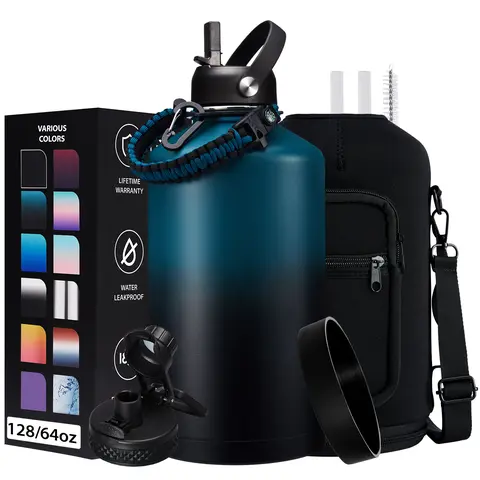 Double Wall Stainless Steel Vacuum Flask Sports Drinking Bottle - 32oz/40oz/64oz/87oz/128oz Unisex, Carry Strap, Paracord Handle, Crossbody Holder, Straw & Spout Lids, Protective Mat, Straw Brush, Max-Flow Chug, 48H Cold/12H Hot for Gym, Travel