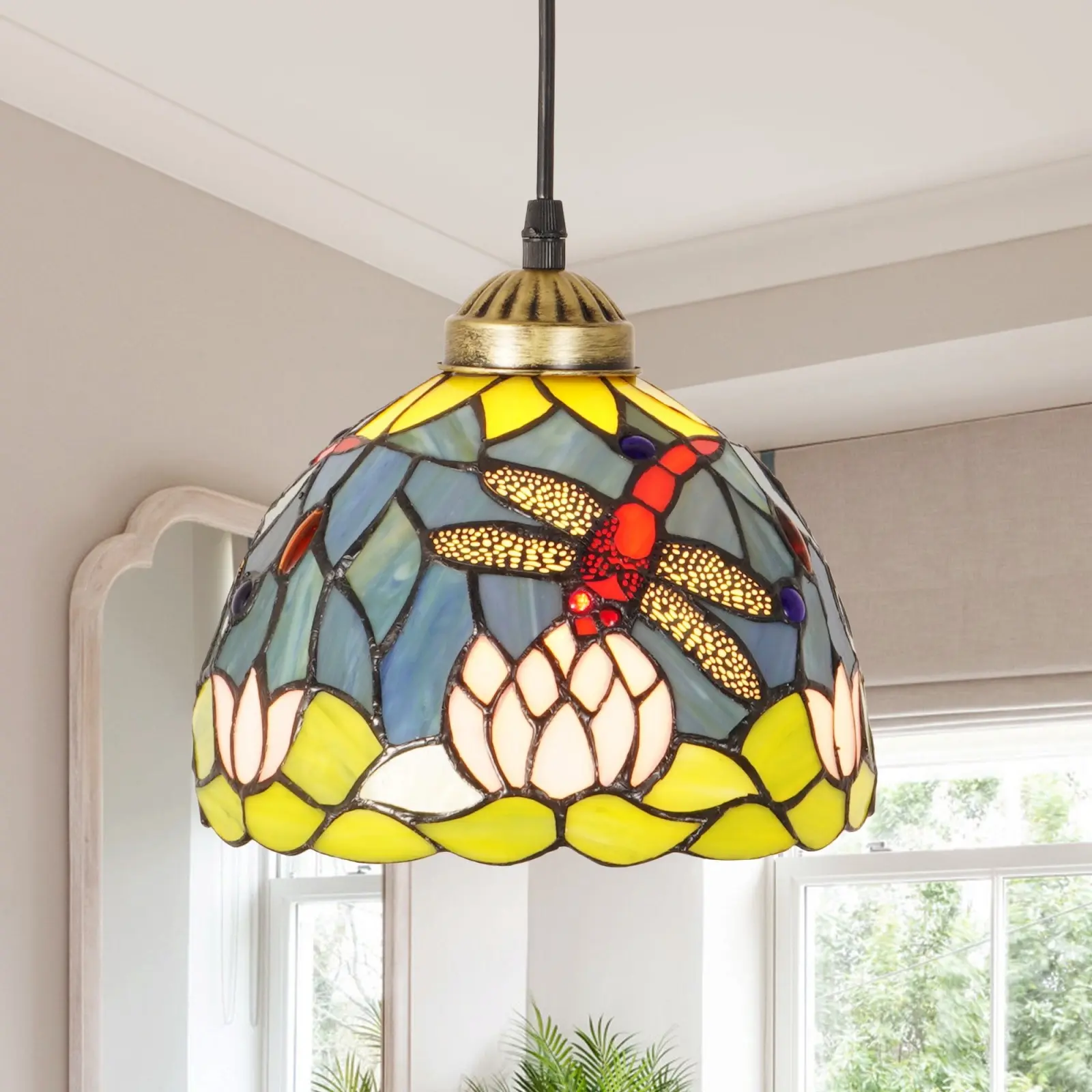 7.9 Inch Vintage Stained Glass Pendant Light, Lotus and Dragonfly Design, Ceiling Lighting, for Living Room Bedroom Kitchen Dining Room Office Hallway Balcony