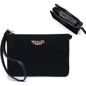Card Holder Pocket with RFID Protection, Faux Suede Fabric Wallet with Wrist strap 8 Card Slots & 3 Compartments,Ample Storage Zipper Travel Wallet  for Men Women(Black-M)