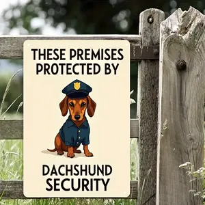 2D Flat, Dachshund Security Sign - Retro Aluminum Wall Decor with Police Dog Design, Weather-Resistant & Pre-Drilled Holes for Easy Installation - Humorous Home, Cafe, Garden Decoration, Dog Decor, Cafe Decoration, Playful Design Signage
