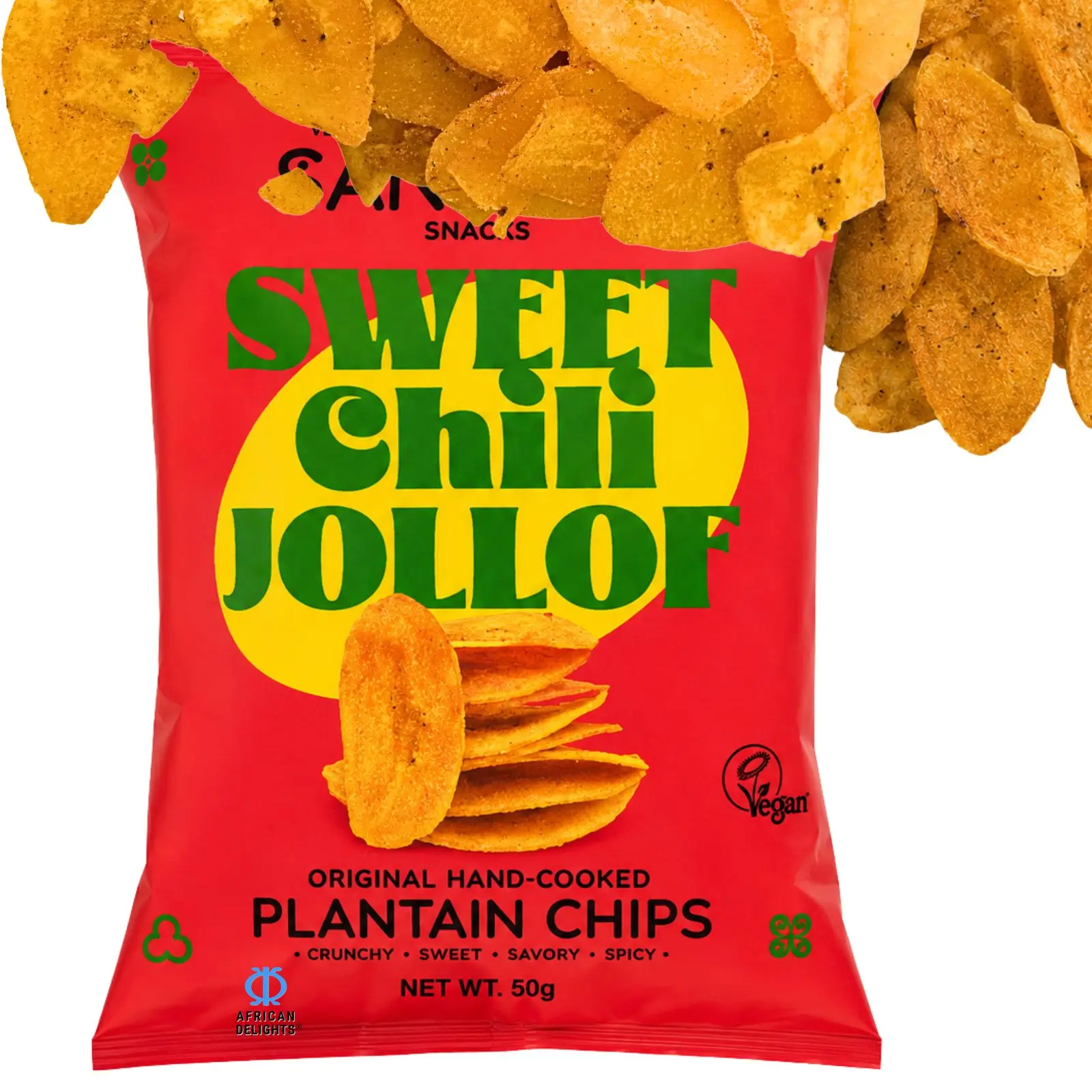 African Delights Sweet Chili Jollof Plantain Chips, Pack of 3 (50g Each)