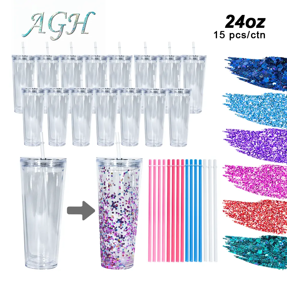 AGH US 24OZ Plastic Double-Wall Tumbler Snow Globe Acrylic Cup Tumbler with Clear Lids and Coloring Straw 15pcs/carton Travel Coffee Mug