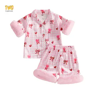 Girls Toddler Valentine's Day Pajama Sets Short Sleeve Lapel Button Up Bow Heart Plaid Print Shirt Shorts Holiday Sleepwear