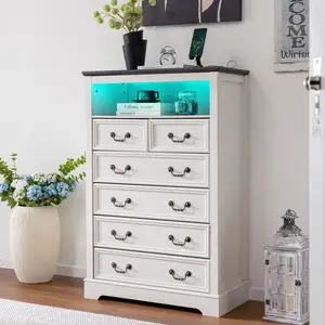 RaybeeFurnitureRaybee Farmhouse 6 Drawer Dresser for Bedroom LED Light & Power Outlets, 48" H Wood Dressers & Chests of Drawers with Natural Texture, Hallway