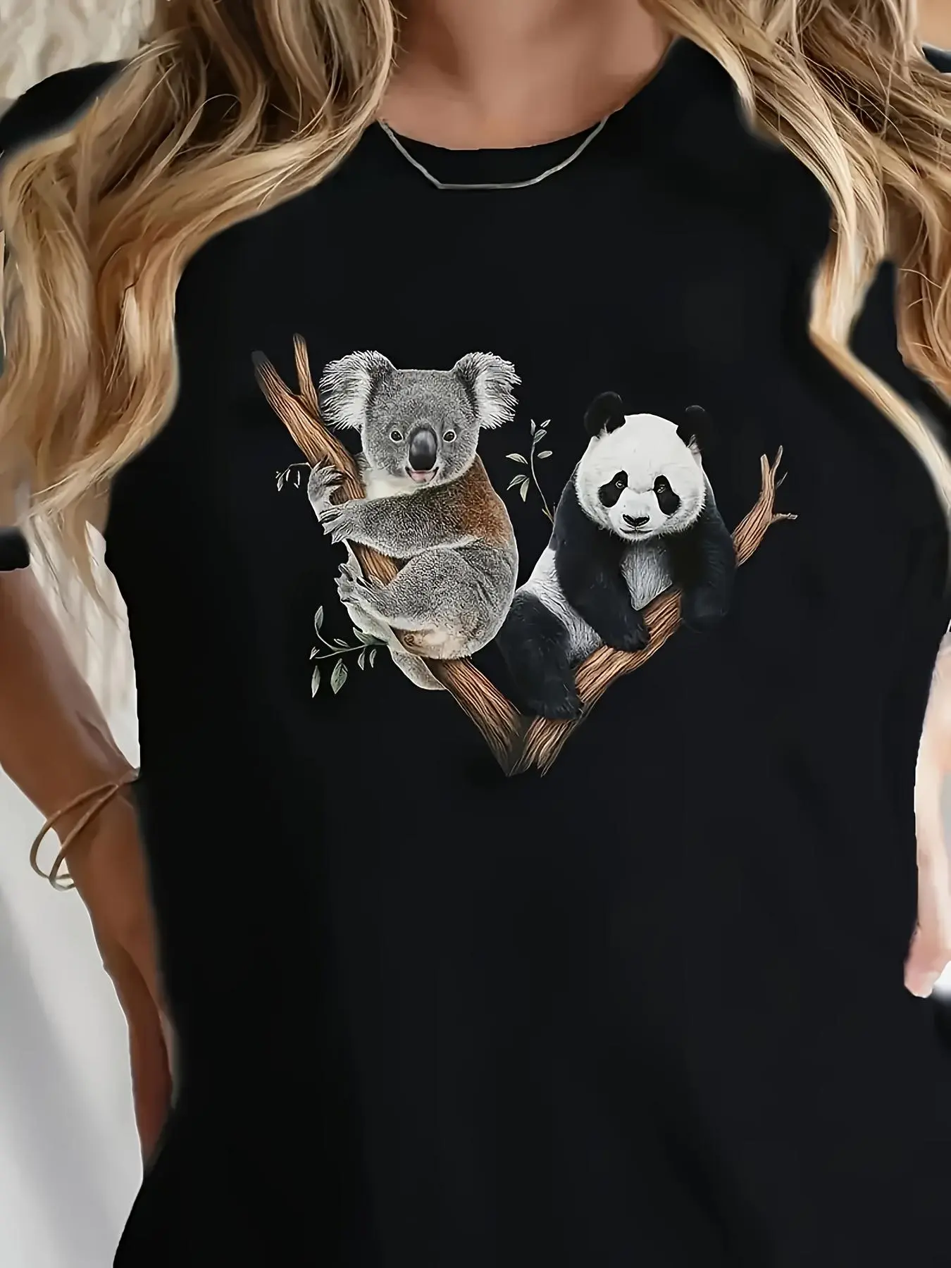 Women's Casual Short Sleeve Crew Neck T-Shirt - Cute Koala and Panda Pattern Printing, Four Seasons Comfortable, Easy Care Top