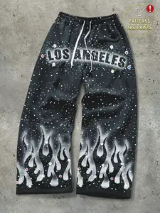 Men's Y2K Loose Fit Sports Pants, Fashion Print Drawstring Wide Leg Casual Pants, Comfortable Fleece Lined, Perfect Gift for Husband & Boyfriend, Athleisure Style Bottoms