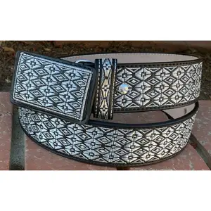 CINTO CHARRO BORDADO HILO PLATEADO. MENS WESTERN BELT. VAQUERO LEATHER BELT