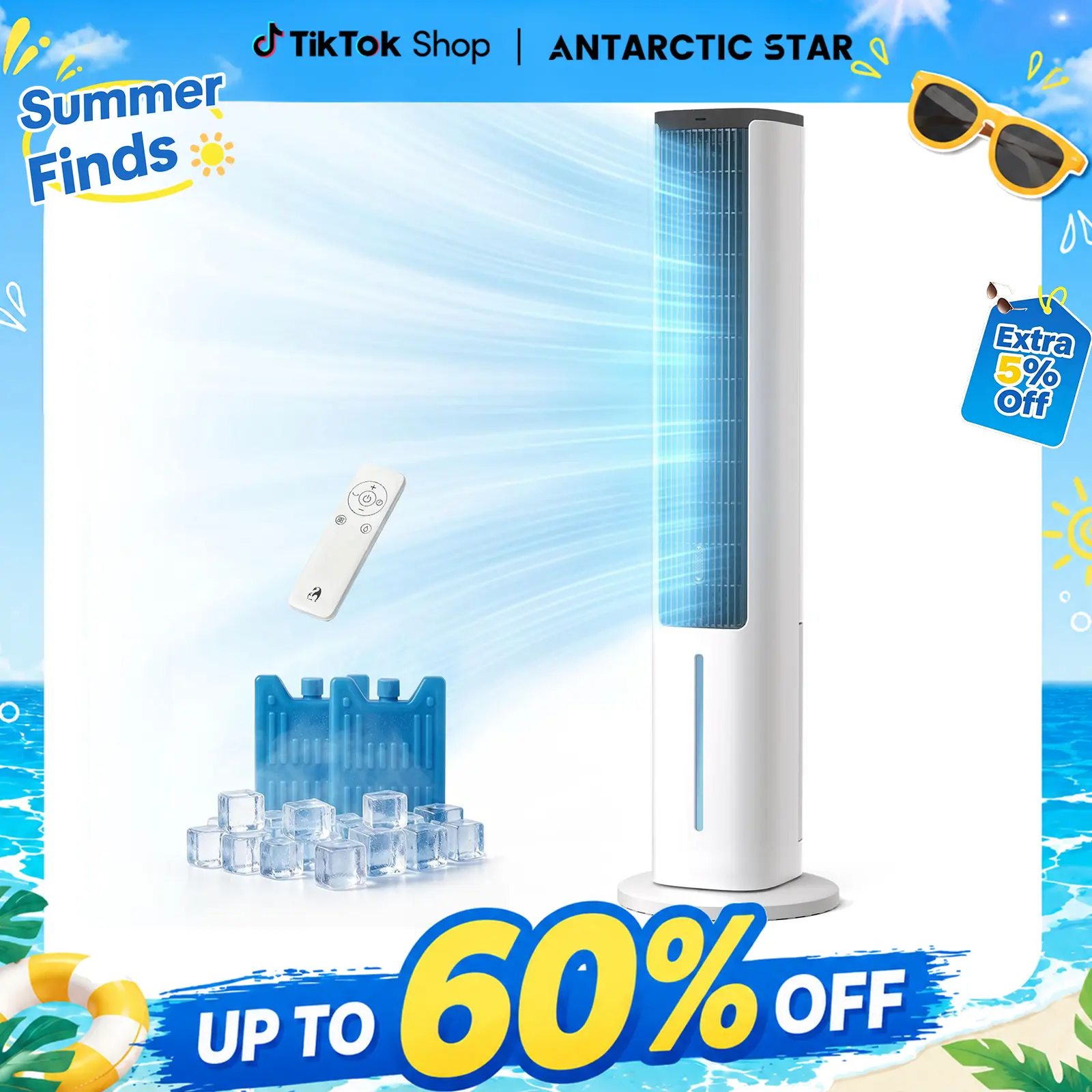 Antarctic Star Portable Air Conditioners Fan, 40" Standing Fans that Blow Coold Air, 80° Oscillating Bladeless Cooling Fan for Bedroom, 5L Removable Water Tank, 15H Timer, 4 Speeds + 3 Modes, Aromatherapy Box, Remote Control, White