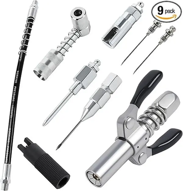 Kitchen 9-Piece Grease Gun Coupler Kit - 90° Adapter, 12" Extension Hose, Needle Nozzle Tips, Zerk Fitting Cleaner - Complete Accessory Set