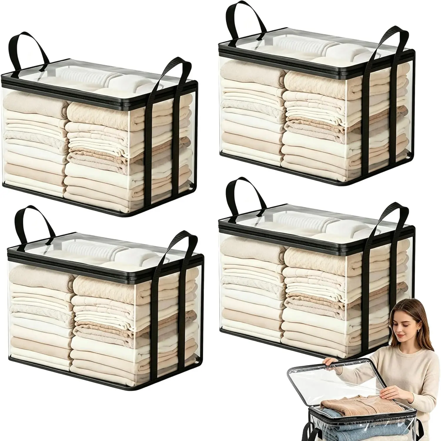 Large Heavy-Duty Thick Plastic Clear Storage Bag for Clothes, Plastic Storage Box with Hinged Lid, Heavy-Duty Durable High Capacity Organizer, Perfect for Home, Travel, Attic and Moving (4, Black)