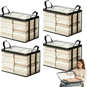 Large Heavy-Duty Thick Plastic Clear Storage Bag for Clothes, Plastic Storage Box with Hinged Lid, Heavy-Duty Durable High Capacity Organizer, Perfect for Home, Travel, Attic and Moving (4, Black)