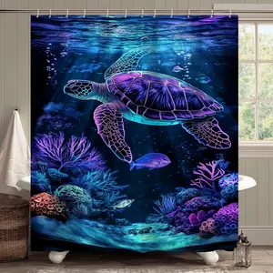 1/4 PC deep sea themed shower curtain printed with gorgeous sea turtles, colorful corals and swimming fish. This printed shower curtain set creates an ocean atmosphere for the bathroom. The bathroom decoration set includes a shower curtain