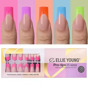 ELLIE YOUNG PRO-TIPS Long Square Colorful Pastel French Tips, 150pc Press-On Nails Kit – 15 Sizes, Matte Gel Acrylic Look, Soft Gel DIY Extensions