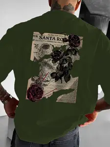 Men's Retro Newspaper Rose Print Loose T-Shirt, Casual Short Sleeve Slim Fit Top, American High Street Style, Trendy Fashion