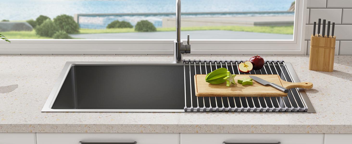 17.7" x 15.5" Roll Up Dish Drying Rack Over Sink Drying Rack Sink Cover Kitchen Sink Accessories Gadget Multipurpose Organizer Foldable Stainless Steel Drainer (Grey)