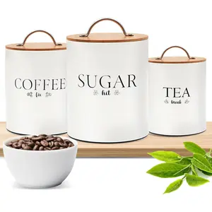 Tea Coffee Sugar Canister Set - 3pc Airtight Canister Sets for Kitchen Counter - Farmhouse Containers for the Kitchen - Decorative Countertop storage with Airtight Lid for Freshness - White