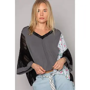 POL Charcoal Floral Crochet Contast Top