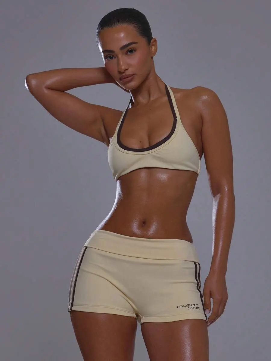 Musera Sport Scoop Front Contrast Colour Binding Layered Halterneck Soft Touch Sports Bra Coord Top for Pilates Workout
