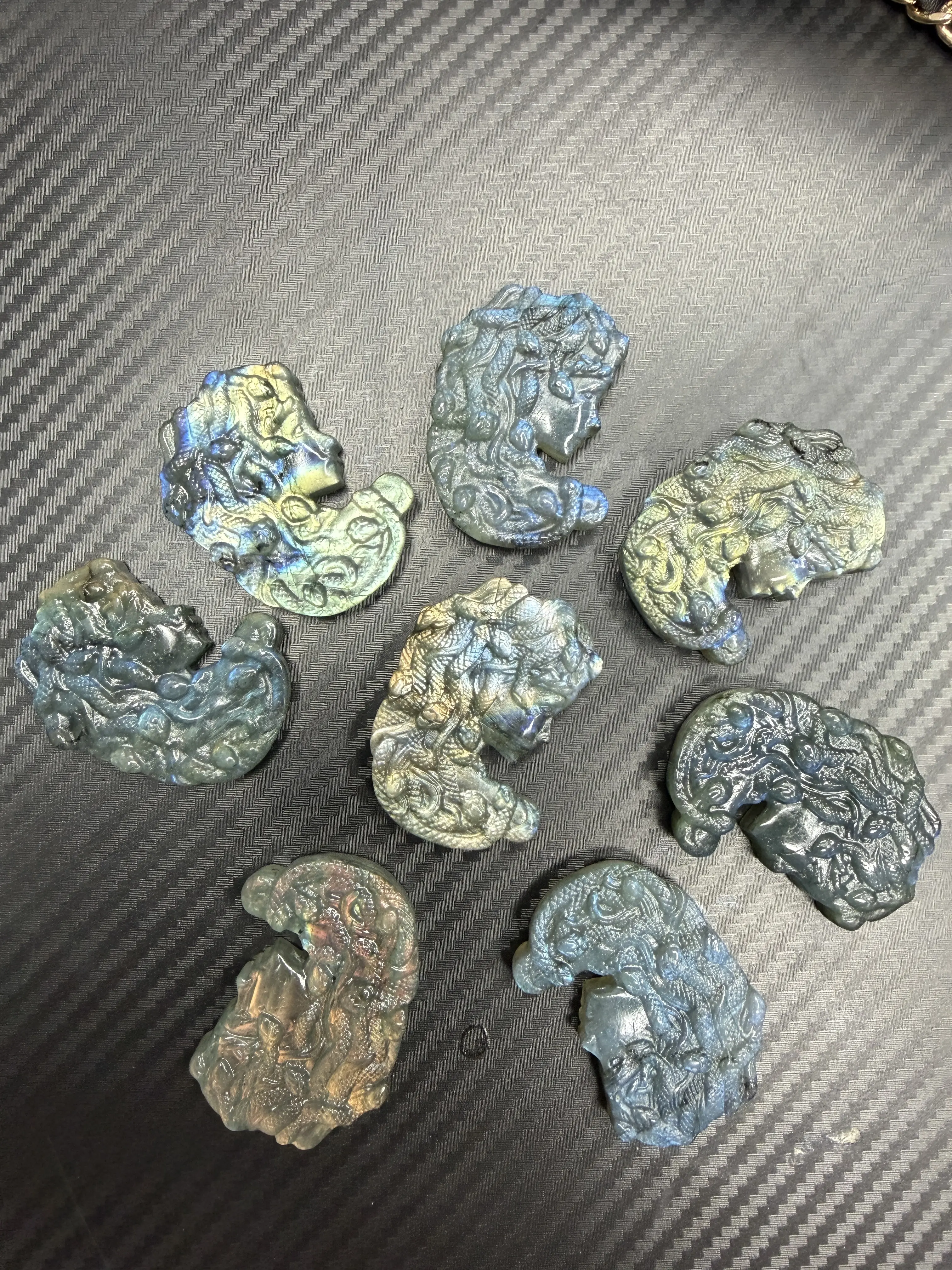 Mia(14253)gc.Gorgeous flashy labradorite carved into stunning Medusa ornaments