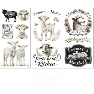 Rub on Transfer Decal Sticker for Furniture Craft Decor 6"x12" Farmhouse Sheep, 3Pcs Waterproof UV DTF Transfer for Drawer Dresser Glass Porcelain  Plastic