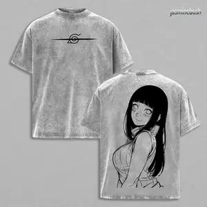 Vintage Washed Hinata Graphic Tee Double Sided Printed Heavyweight Cotton Oversized T-Shirt Naruto Anime Manga Aesthetic Shirt Retro Streetwear Gift for Anime Fans Unisex