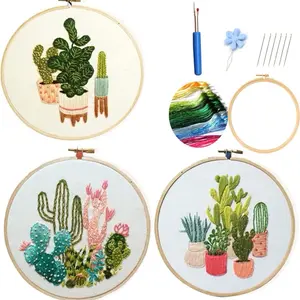 Embroidery Starter Kits for Adults Beginners with Stamped Pattern, Embroidery Floss + Needles + Hoop, Cactus Series, 3 Pack